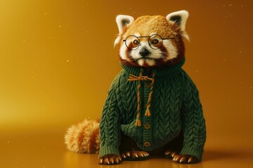 A red panda in an emerald green cable-knit hipster Winter sweater and round glasses, sitting...