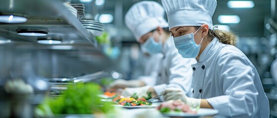 Food is prepared in a restaurant or hotel kitchen by chefs wearing protective masks and gloves.