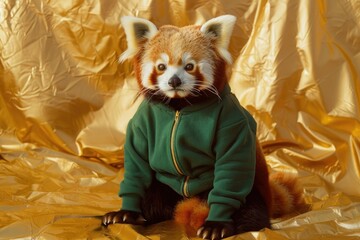 A red panda in an emerald green hipster Winter sweatshirt, sitting playfully on a solid gold...