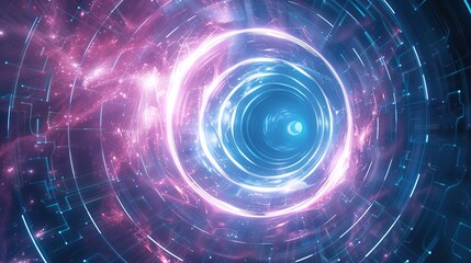 Obraz premium White Galaxy Surrounded by Vibrant Metaphysical Lines in a Circular Composition, 8K Resolution, Hypercolorful Dreamscapes with Circuitry, Sky-Blue and Violet Tones