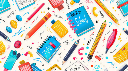 seamless background pattern featuring a variety of colourful school supplies, including pencils, erasers, rulers, notebooks, and crayons,  with a cheerful and energetic "Back to School" vibe