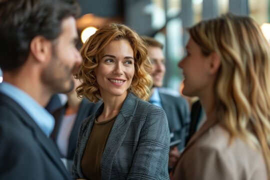 Networking entrepreneurs at business conference, diverse group sharing ideas, professional setting, highresolution image, engaging and collaborative