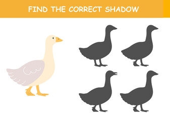 Find the correct shadow of the cute illustration of goose. Educational logic game for children. Printable worksheet.