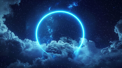 Dark night sky cloud encircled by an electric sky blue neon light ring, 3D panoramic,