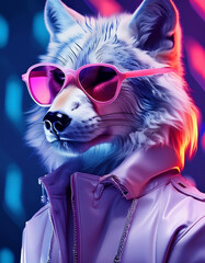 A wolf wearing a jacket and sunglasses with a purple jacket.