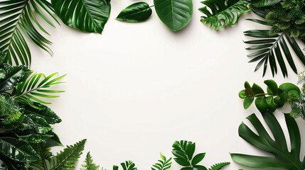 Naklejka premium Tropical leaves on white background, top view, graphic poster PPT background