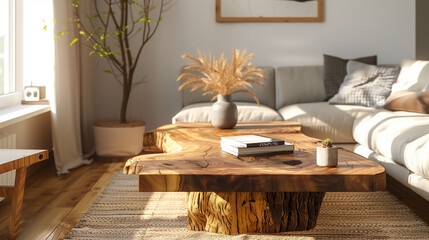 Rustic wooden coffee table, live edge design, cozy living room, soft natural light, and artisanal charm
