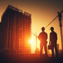 Silhouette of two construction workers on a building site, with cranes and a high-rise under construction at sunset.. AI Generation