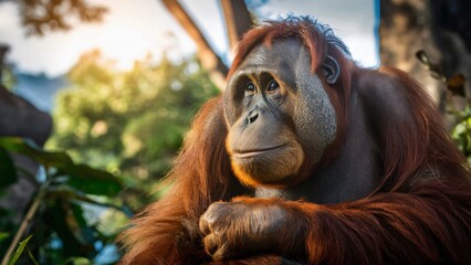 Fototapeta premium photo of a Sumatran orangutan in its natural habitat. Ultra-realistic details of its fur and expressive eyes, with sunlight filtering through the lush green forest canopy, monkey species, ai generated