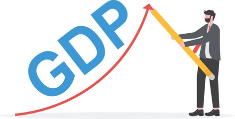Growth GDP. Government budget, public spending. Businessman raises up arrow graphics. Dollar bag, coin gold. Increment in annual financial budget. 

