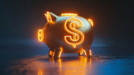 Piggy bank on a dark background with a yellow glowing letter s, dollar symbol