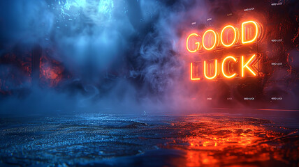 Good luck - abstract concept, signboard, title, sign, inscription, banner, wish in glowing letters on a dark blue background