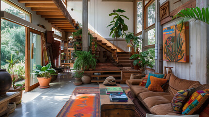modern bohemian living room with a unique wooden staircase. decorated with vibrant textiles,...
