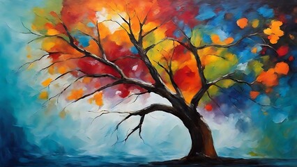 Vibrant Tree Painting With Fall Colors at Sunset