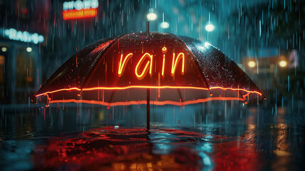 An umbrella with a luminous rain title on a dark rainy background