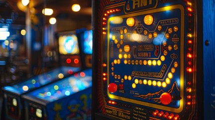 A blue arcade game with a red button on the side