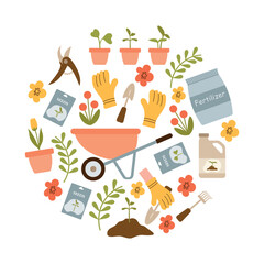 A set of garden accessories in a circle. Vector illustration of gardening tools, sprouts, seeds