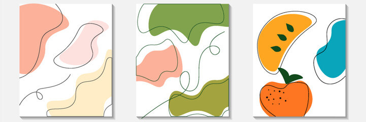 Hand drawn abstract colorful background set. Modern cards with creative trendy fluid shapes, doodle organic elements. Contemporary fanciful covers. Colored flat vector illustrations