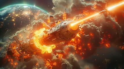 Spaceship Engaged in Epic Battle in Space with Explosions and Laser Beams