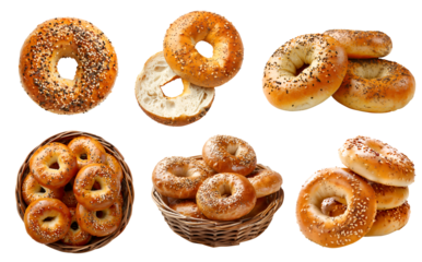 Everything bagel bread roll, spice, poppy sesame seed, garlic pepper on transparent cutout, PNG file. Many assorted different angles, stack, basket, slice, top view. Mockup template for artwork