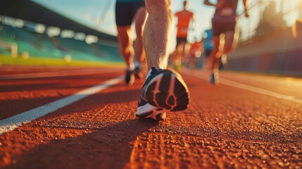 Fototapeta premium Close up of a group of sportsmen runners in sportswear running on a track at a stadium, with a blurred background.