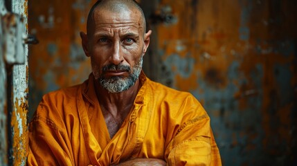 Naklejka premium Intense Portrait of Inmate in Orange Prison Uniform with Determined Expression