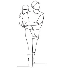 continuous single drawn one line with a child on hands painted by hand picture silhouette. Line art. character mommy with a baby in his arms for a walk