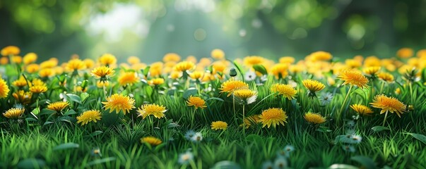 Obraz premium Lush green grass with blooming dandelions in spring, natural garden background, young foliage, vibrant landscape, highresolution image, colorful and serene, ideal for nature scenes