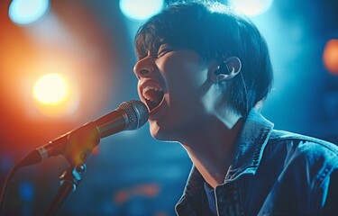 Asian youth, dressed in blue jeans, singing into a microphone.