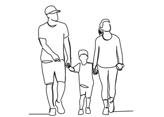 one continuous drawn line of parents walk with the kid drawn from the hand a picture of the silhouette. Line art. character mommy daddy and baby