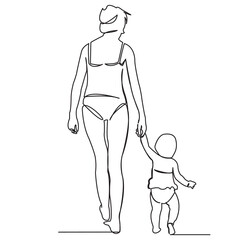 continuous single drawn one line mom with a little daughter on the beach drawn by hand picture silhouette. Line art. mom with baby on the beach