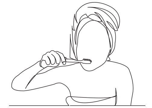 recommend clip art: continuous single drawn one line girl woman brushes teeth drawn by hand picture silhouette. Line art.