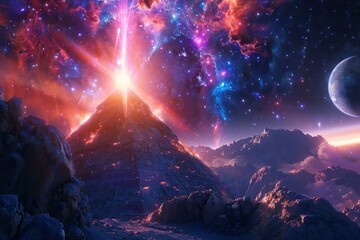 Fototapeta premium A colorful, starry sky with a mountain in the background