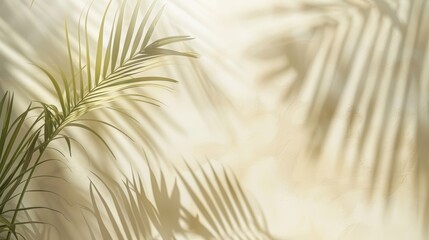 Obraz premium Light cream wall with blurred palm leaf shadows, minimalistic summer spring background, highquality image, perfect for product presentation, elegant and serene, soft and natural