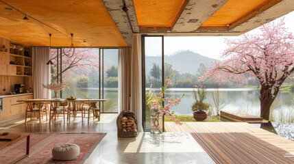 Fototapeta premium Natural yellow shade dining room of a house resort by lake cherry blossom