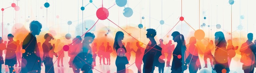 Abstract illustration of diverse people connecting, interacting, and networking in a colorful, digital space. Vibrant community concept.