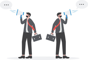 Happy businessman and businesswoman talking into a megaphone. Make an announcement.

