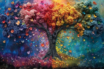 Four Seasons in One Tree: A Vivid Artistic Depiction of Nature's Cycle