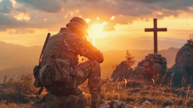 A soldier kneeling before a cross at sunset, reflecting or praying in a tranquil natural setting.