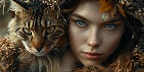 Woman in renaissance-inspired cat attire, her pose and expression embodying a blend of refined beauty and the raw, untamed essence of nature's wilderness, ai generated