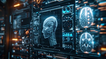 Obraz premium Futuristic digital brain interface on a high-tech screen displaying neural networks, artificial intelligence, and data analysis in a modern lab setting.