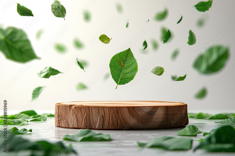 Wall mural wood slice podium and green flying leaves on white background. natural background - Wall murals