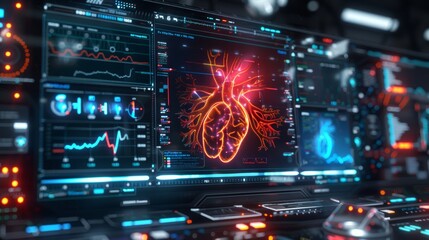 Obraz premium Futuristic medical interface displaying detailed virtual heart anatomy, digital health technology concept with holographic cardiology data.