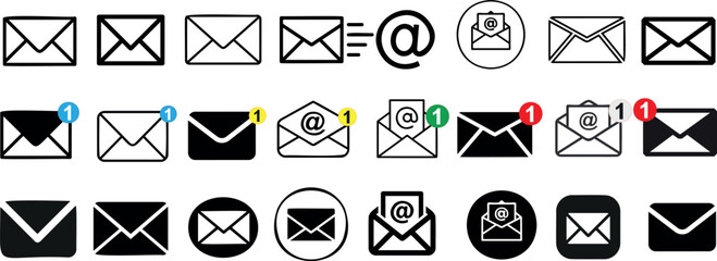 Email icon vector set features envelopes, notifications, and at symbols. Ideal for messaging apps, communication designs, and email marketing
