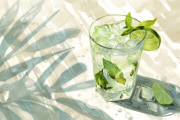 Refreshing Mojito with Lime and Mint, illustrations, vacation time ,summer season.
