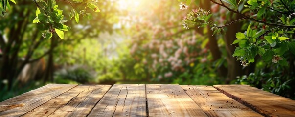 Naklejka premium Green young foliage and flowering branches in a spring garden, empty wooden table under sunlight, nature outdoors, bright and cheerful, highquality stock photo, copy space