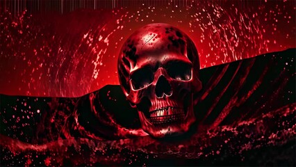 A haunting red skull set against a dark, fiery background, evoking themes of danger and the macabre. The intense color palette and menacing imagery create a powerful visual impact.. AI Generation