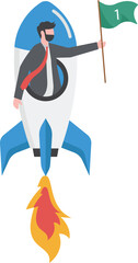 Happy businessman with the number one flag on a rocket ship launching to starry sky. Start up business concept.


