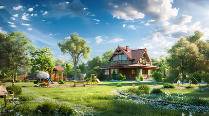 Fototapeta premium Wooden cottage in the forest at sunset. 3D rendering,Beautiful exterior house surrounded,wood cottage with beautiful garden and lawn timber house,A cottage village with colorful houses