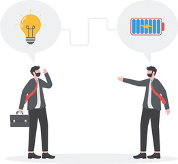 successful businessman charging battery power to another businessman's idea bulb

